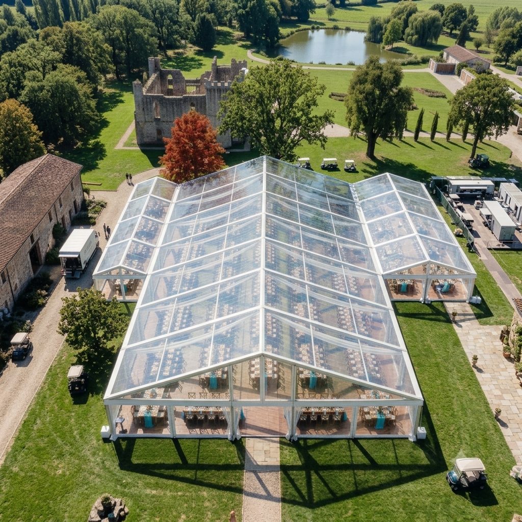 Cort transparent văzut de sus, ziua, cu lacul în fundal